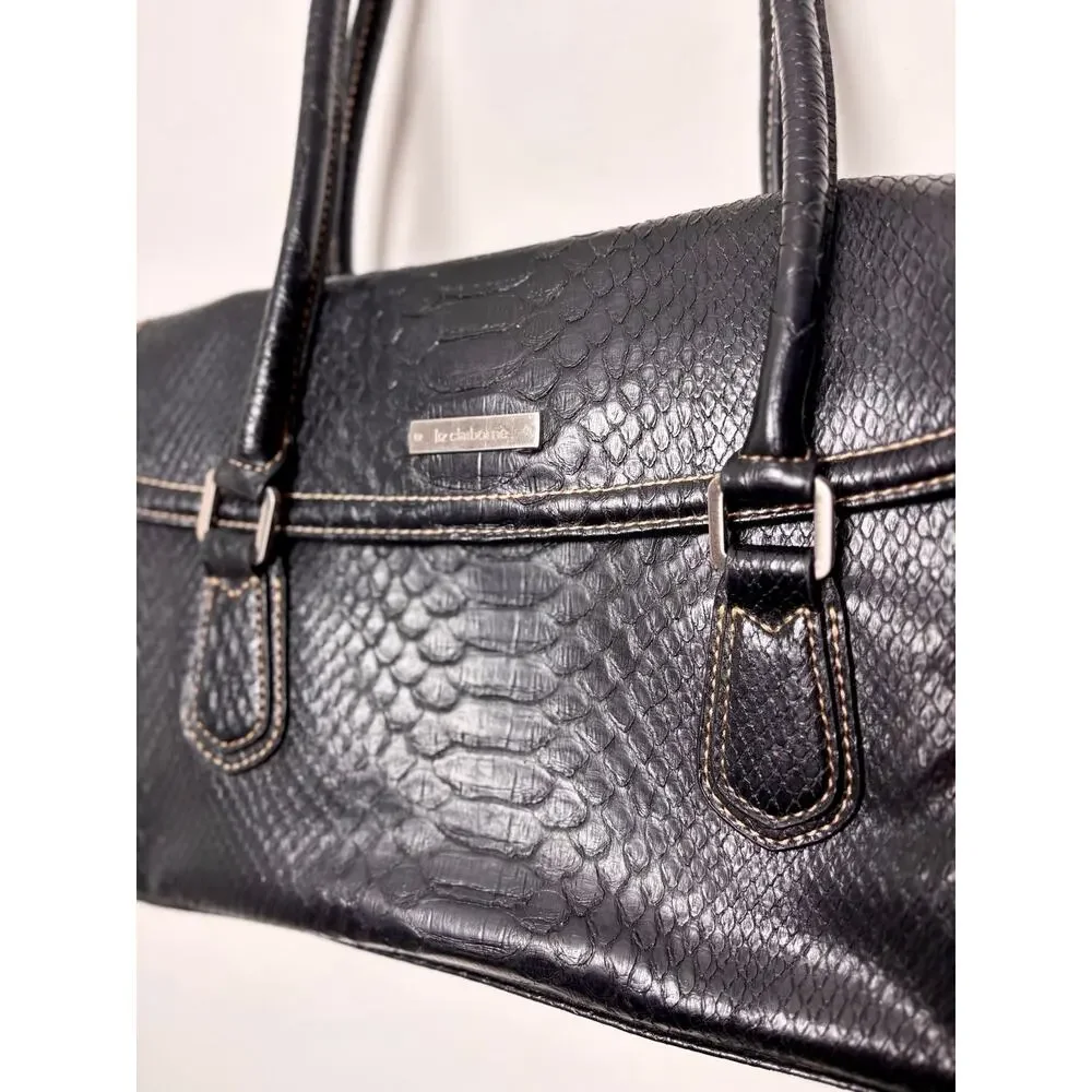 Vintage Y2K Liz Claiborne Black Leather Croc Satchel Bag Roomy Multi Pocketed - Picture 4 of 9